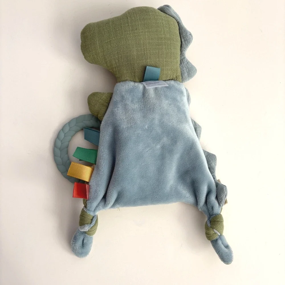 Itzy Ritzy Dino Muslin Lovey‎ Security Blanket with Silicone Teether Green Blue